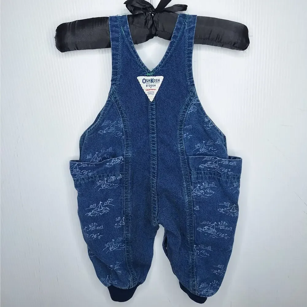 Vintage OshKosh B'Gosh Vestbak Baby Denim Sailboat Bubble Bib Overall 6-9 mo USA